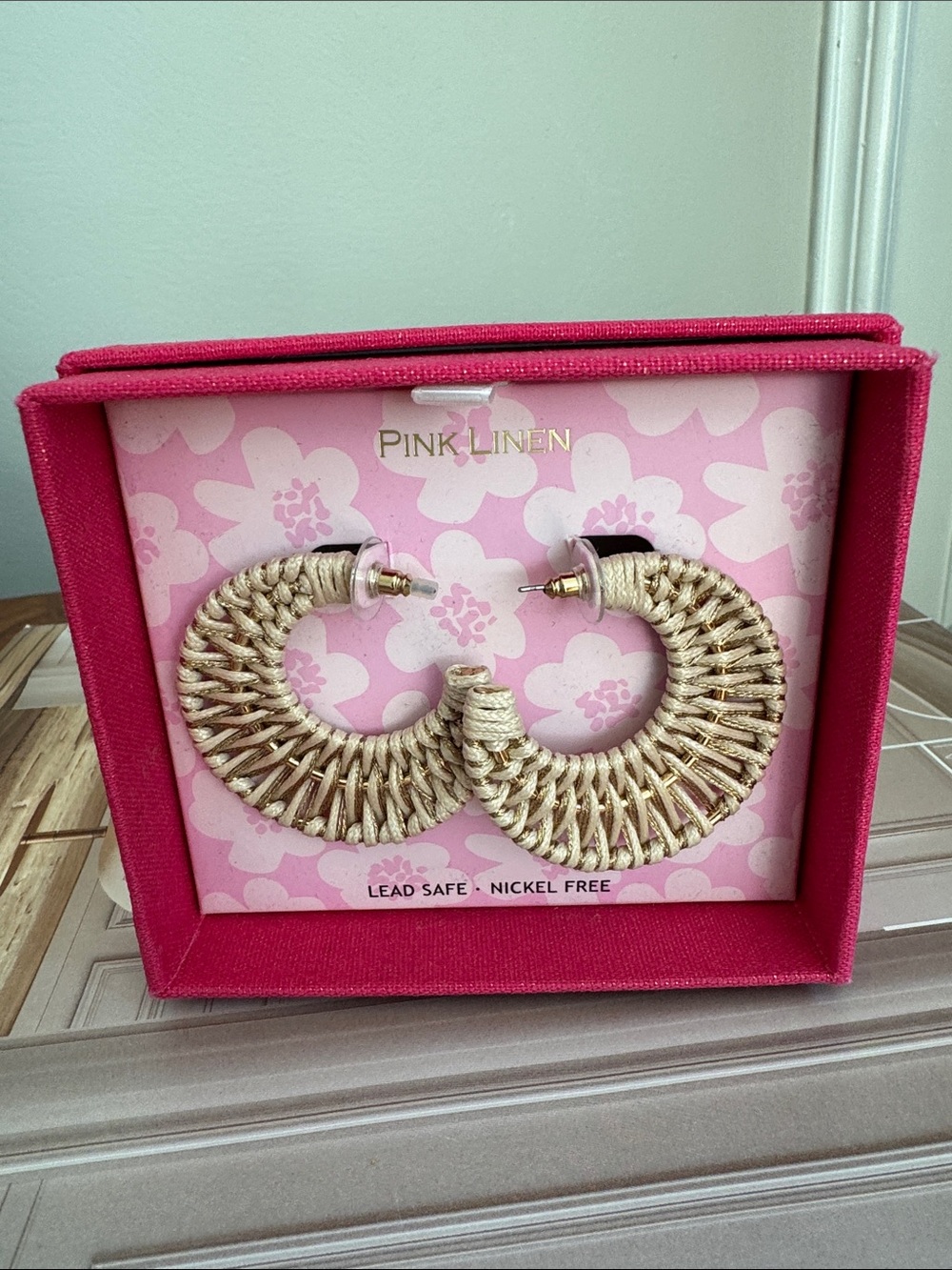Pink Linen Gold Woven Hoop Earrings